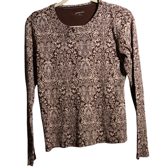 St. John's Bay Tops - Y2K Womens Brown Damask Floral Cotton Long Sleeve T Shirt Boho Casual 00s Vibe M